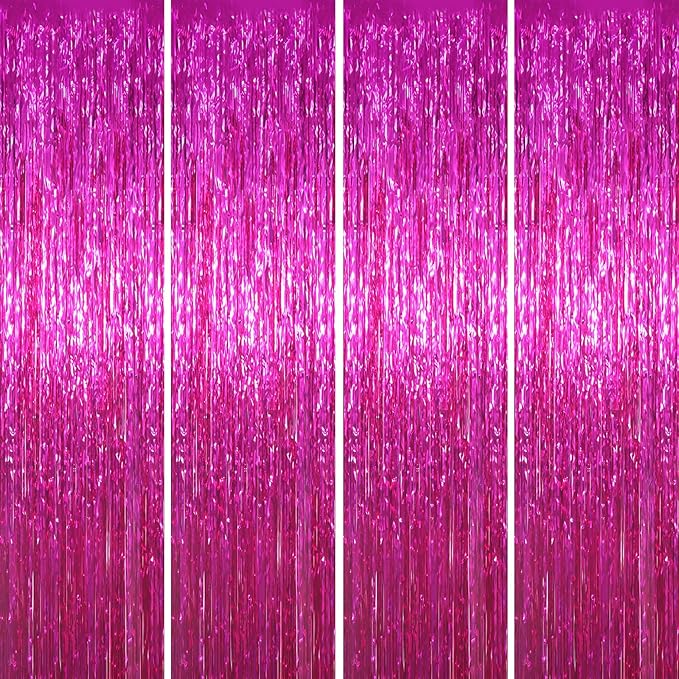 Voircoloria 4 Pack Pink Foil Fringe Backdrop Curtains, Tinsel