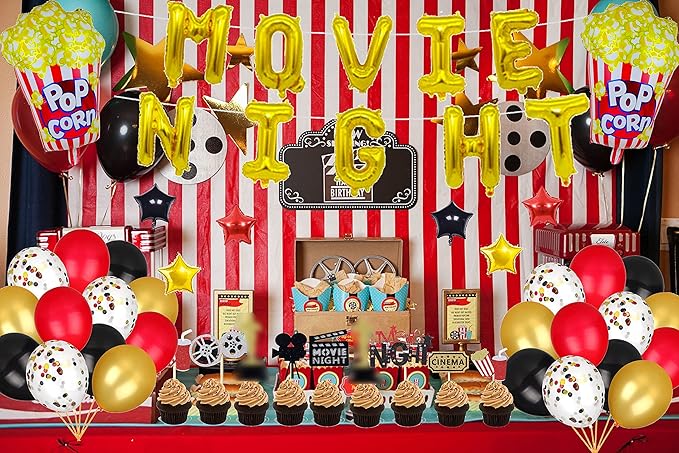 Movie Night Decorations Popcorn Star Foil Balloons Cupcake Toppers