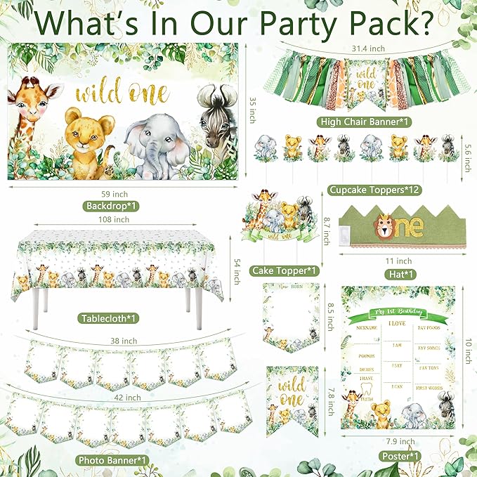 Wild One Birthday Decorations for Boys & Girls 114 Pcs Green Safari