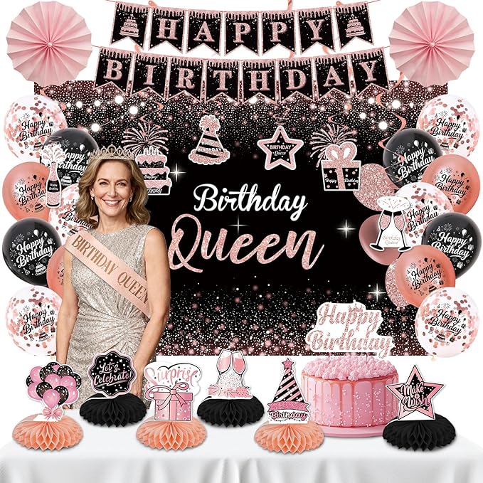 Rose Gold Birthday Decorations for Women 37Pcs Happy Queen Party Kit