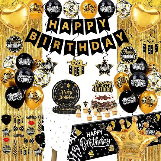 Black and Gold Birthday Decorations Party Supplies Kit with
