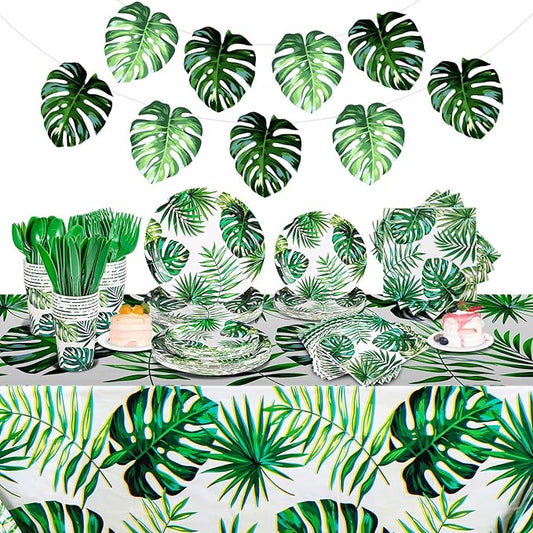 171 Pcs Hawaiian Luau Party Supplies Tropical Palm Leaves Tableware