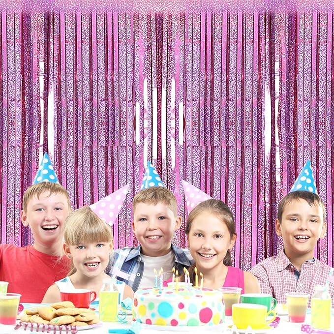 2 Pack 3.2ft x 8.2ft Pink Metallic Tinsel Foil Fringe Curtains