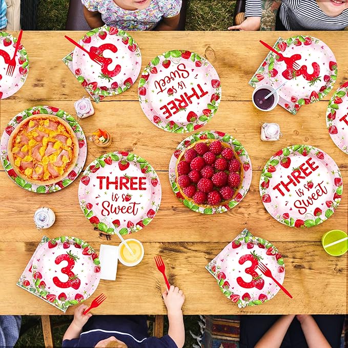 96Pcs Strawberry 3rd Birthday Party Supplies Three is So Sweet