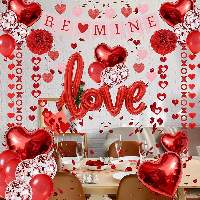 67Pcs Red Valentine's Day Decoration Set BE MINE Banner Foil Love