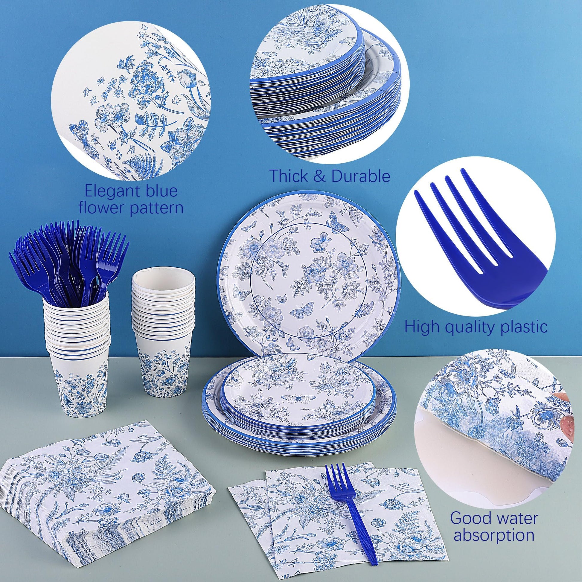 durony 144 Pieces Blue and White Flower Disposable Tableware Set 9