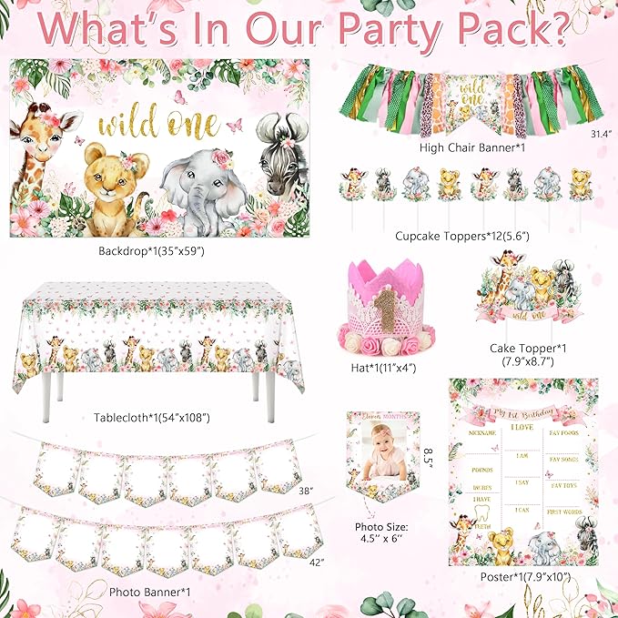 Wild One Birthday Decorations for Girls 114 Pcs Safari Jungle Theme