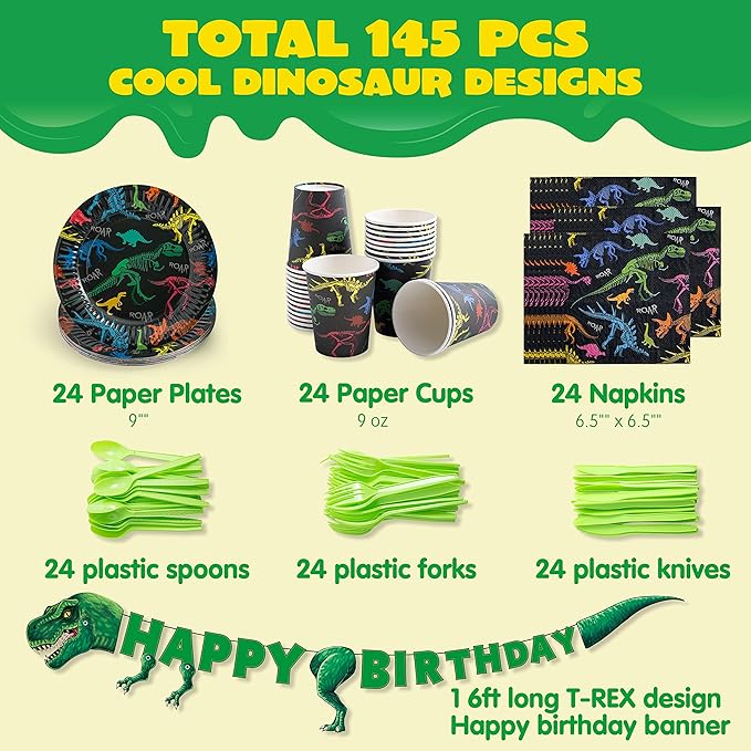 145 Piece Dinosaur Birthday Party Supplies with Banner 24 Serves