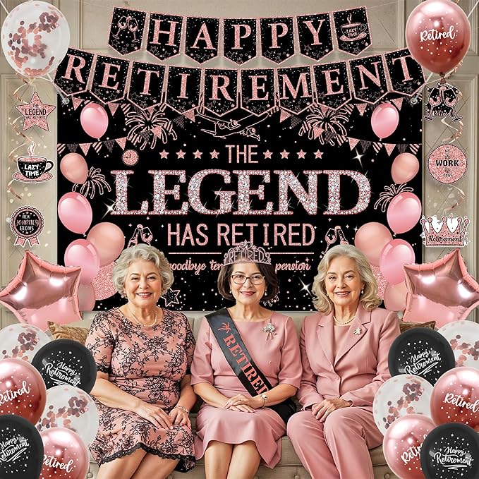 Retirement Party Decorations Women Black and Pink Happy Retirement