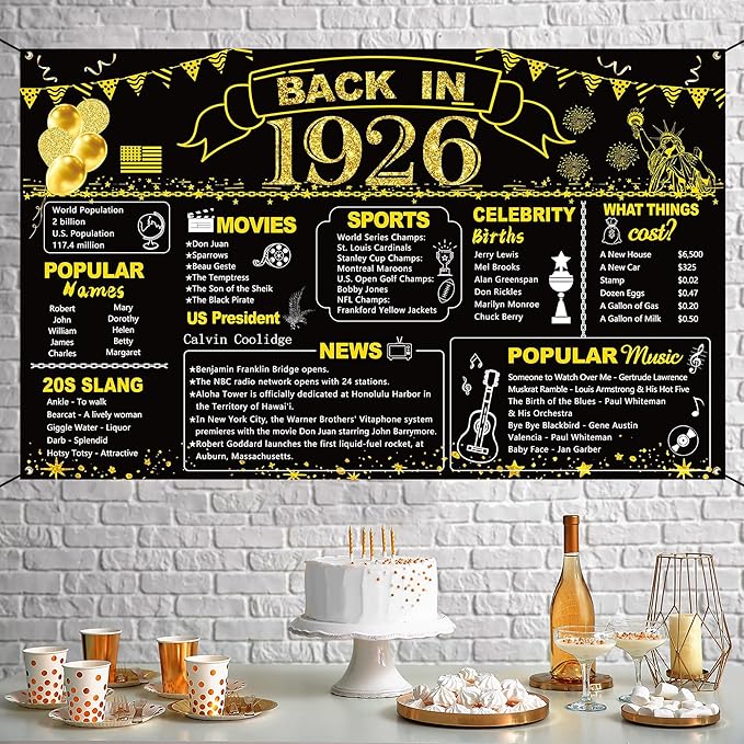 DARUNAXY 100th Birthday Black Gold Party Decoration, Back in 1926