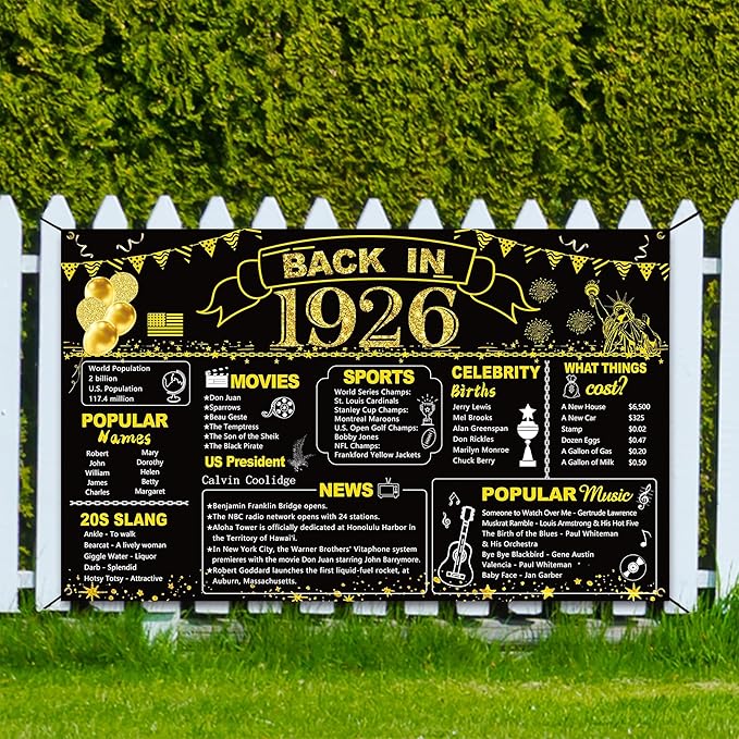 DARUNAXY 100th Birthday Black Gold Party Decoration, Back in 1926