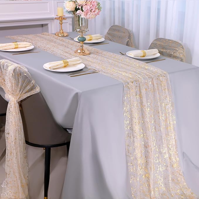 Snowkingdom 6Pcs 10 Ft Gold Table Runners, Sheer Chiffon Tulle