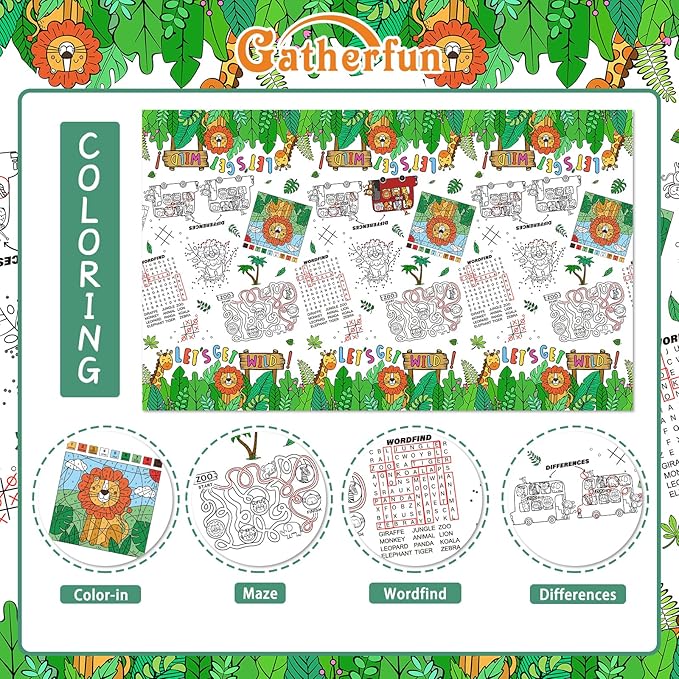 2 Pack Safari Jungle Theme Kids Coloring Paper Tablecloth