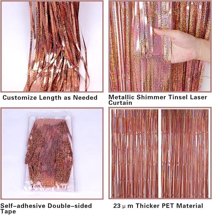 2 Pack 3.2ft x 8.2ft Rose Gold Foil Fringe Curtain Backdrop, Metallic