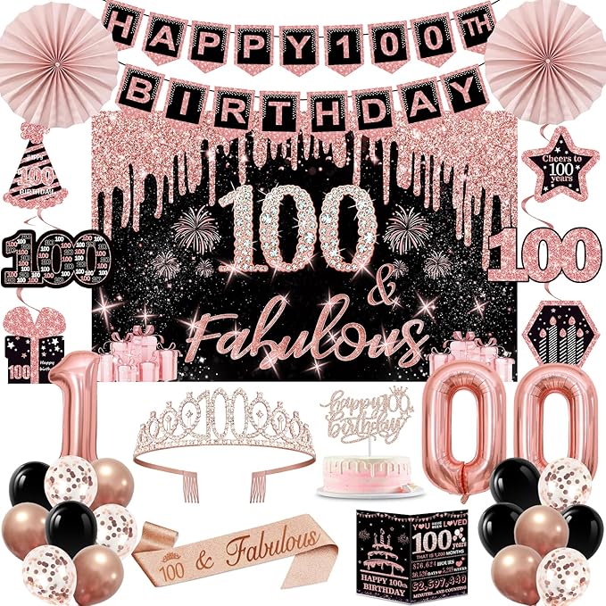 100th Birthday Decorations for Women 32PCS 100th Birthday Party