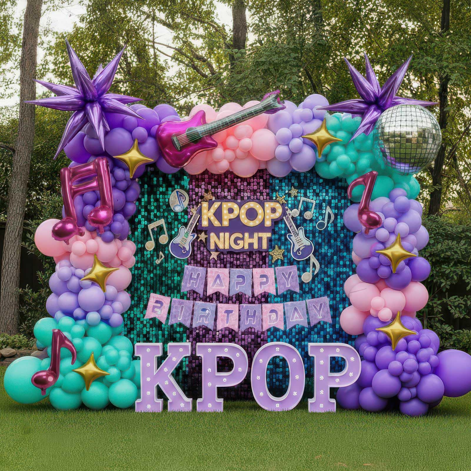 Purple pink Balloon Arch Garland Kit with Banner Musical symbols Disco