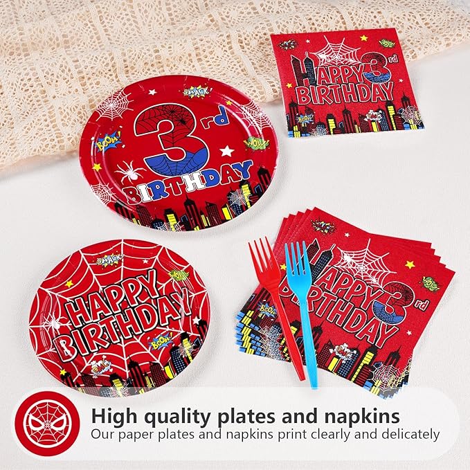 96Pcs Spider 3rd Birthday Decorations for Boys Super Theme Hero 3rd