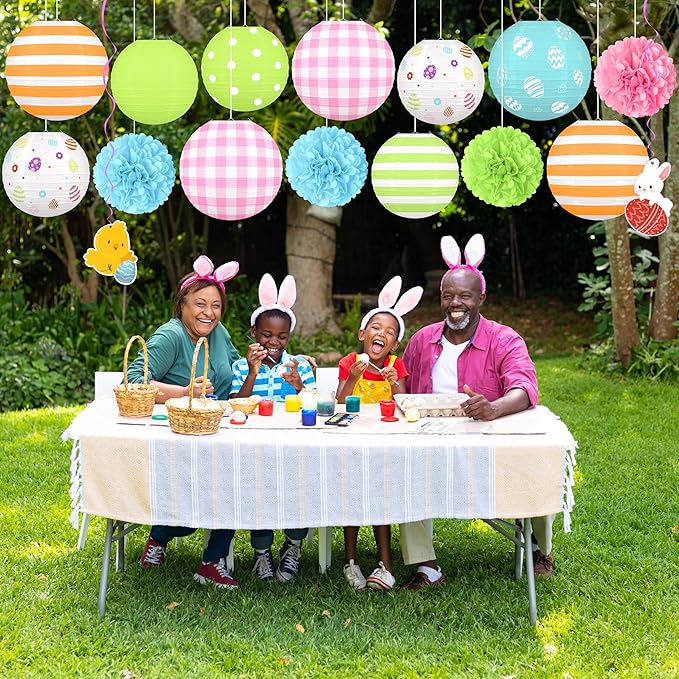 16pcs Easter Party Hanging Decorations Pastel Paper Lanterns and Pom