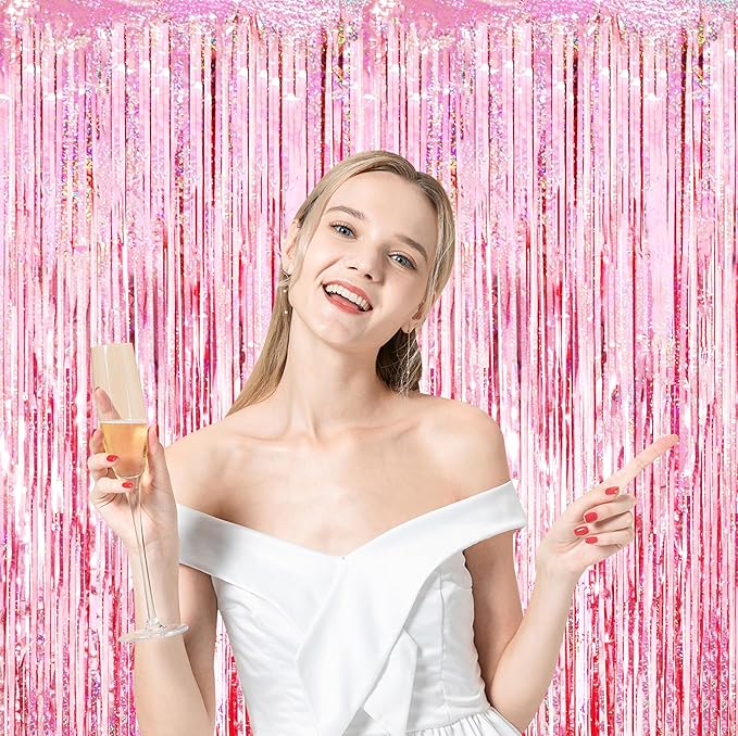 Voircoloria 4 Pack 3.3x8.2 Feet Laser Pink Foil Fringe Backdrop