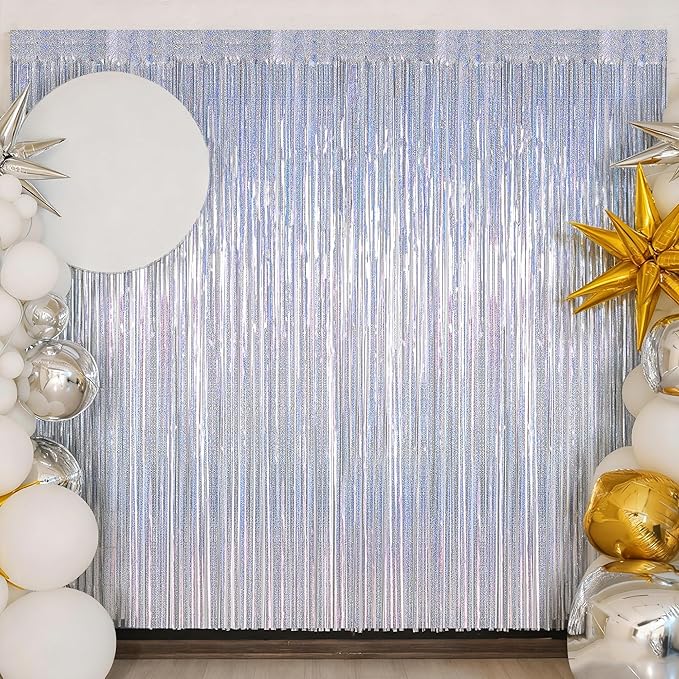 2 Pack Silver Metallic Tinsel Foil Curtains, 3.28 FT x 7.05 FT