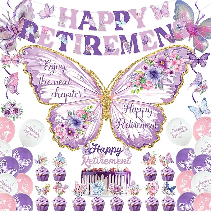 Butterfly Retirement Decorations Purple Happy Retirement Banner