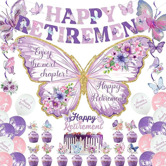 Butterfly Retirement Decorations Purple Happy Retirement Banner