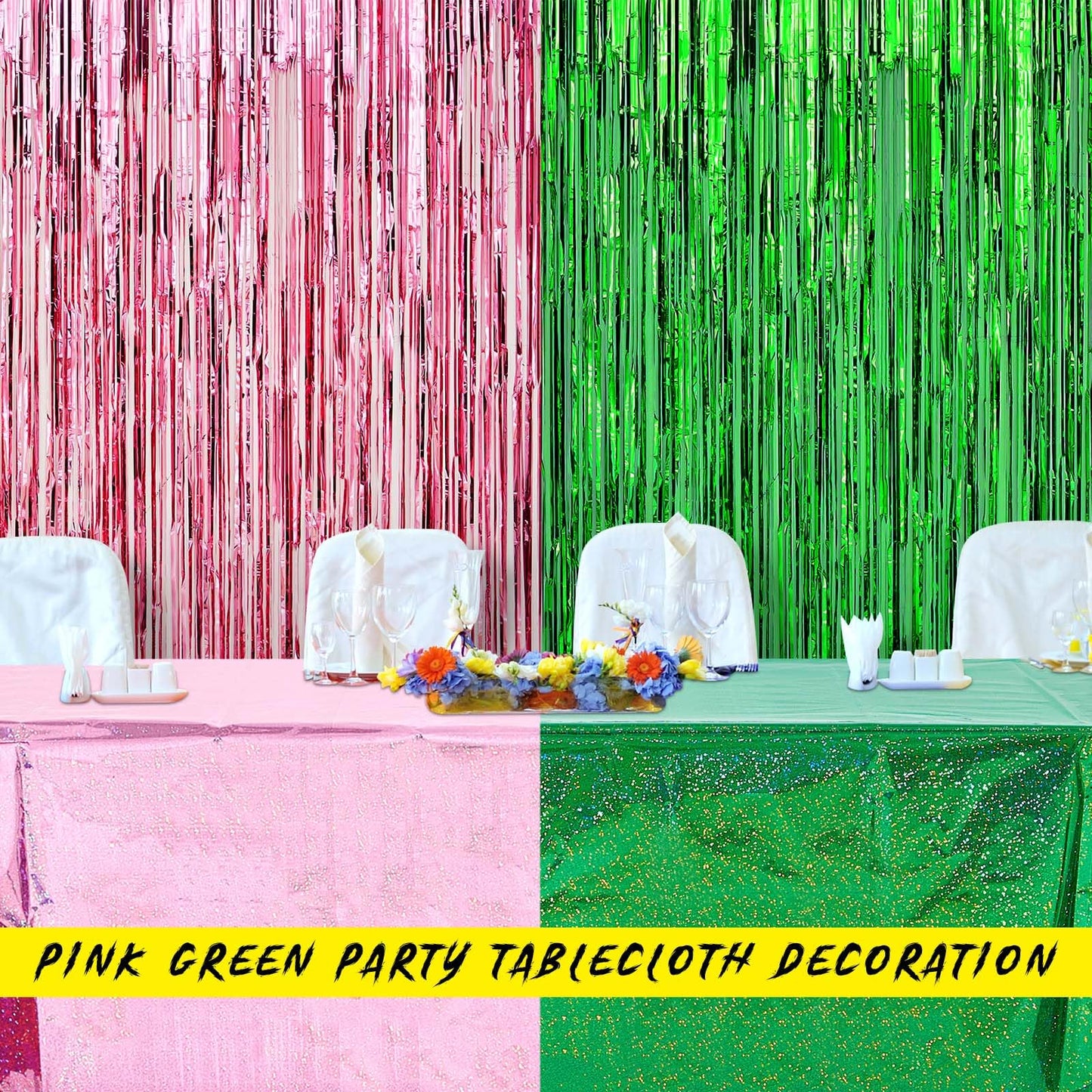 LOYIM 2 Pcs Iridescent Pink & Green Holographic Tablecloth for