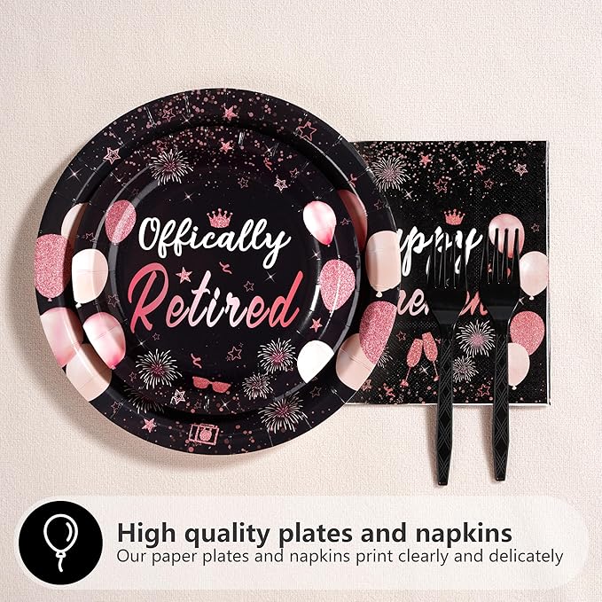 96Pcs Retirement Party Decorations Black Rose Gold Retirement Plates