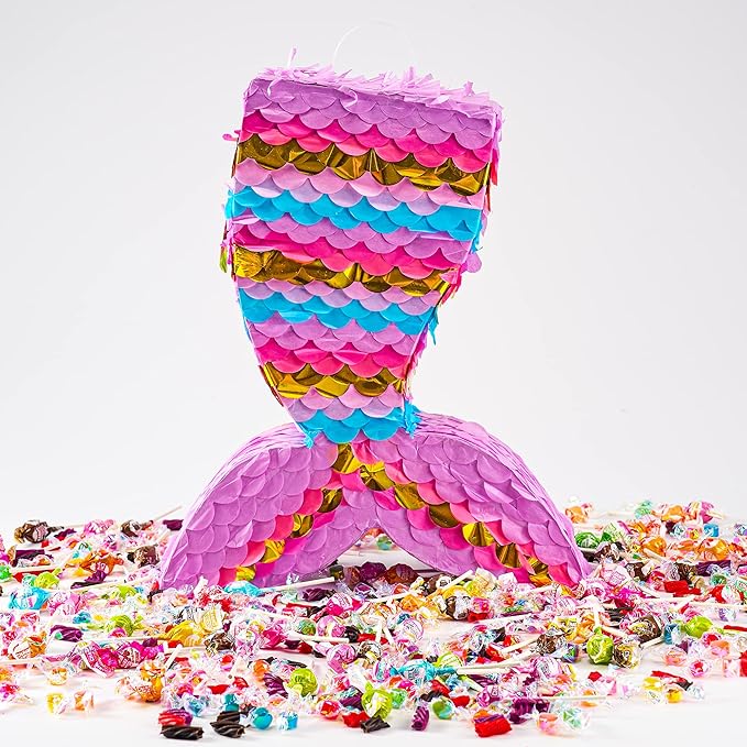 Mermaid Tail Pinata with Plastic Bat and Paper Blindfold for Fun
