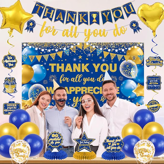 Vlipoeasn We Appreciate You Banner Decorations, Blue Gold Thank You