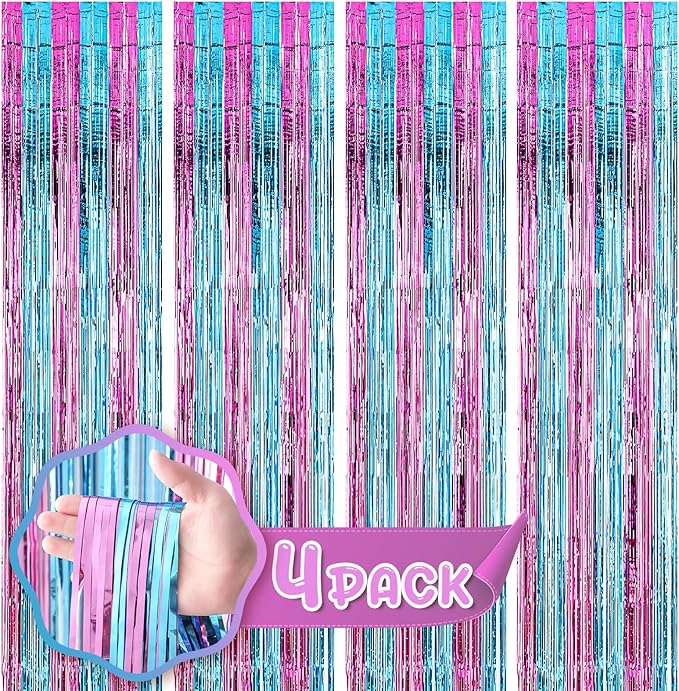 Voircoloria 4 Pack 3.3x8.2 Feet Blue and Pink Foil Fringe Backdrop