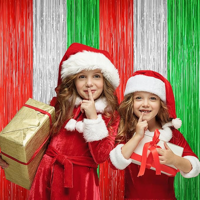 2 Pack Christmas Backdrop, Red Silver Green Party Streamer, Metallic