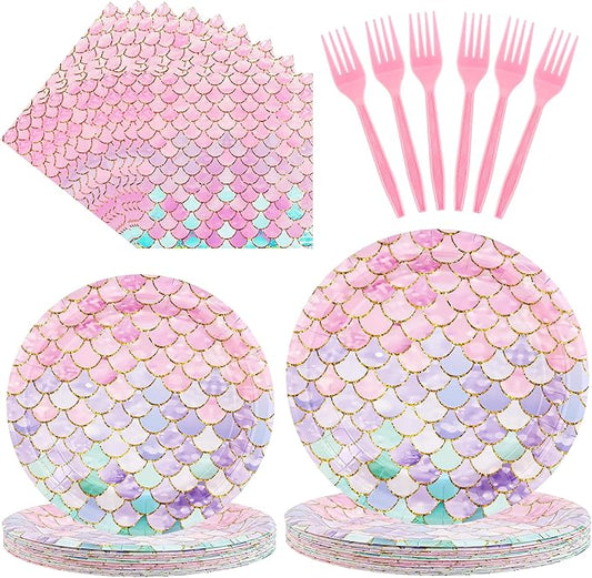 96 PCS Mermaid Party Plates & Napkins Set Serve 24 Disposable