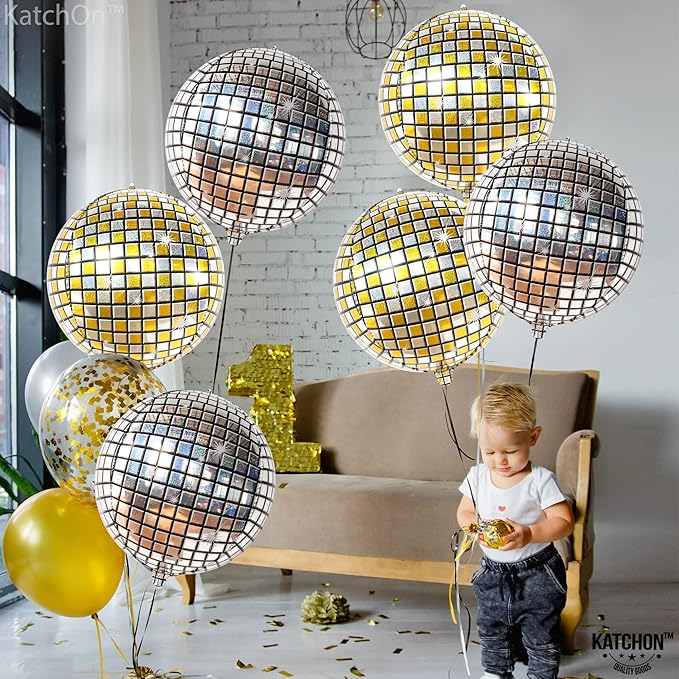 KatchOn, Silver and Gold Disco Ball Balloons -22 Inch, Pack of 6 | 4D