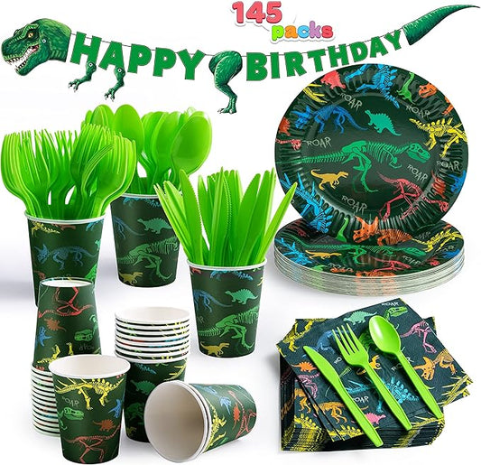 145 Piece Dinosaur Birthday Party Supplies with Banner 24 Serves