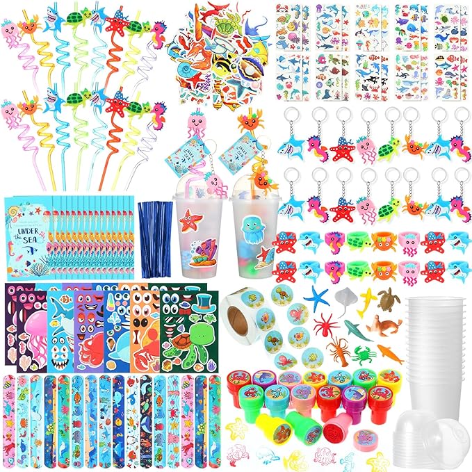 172 Pcs Under the Sea Party Favors Set Include Cup Straw Stamp Clap