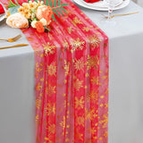 Snowkingdom Red Table Runner, 120 Inches Long Sheer Tulle with Gold