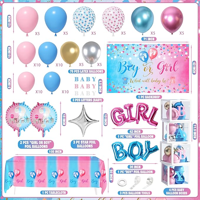 92Pcs Gender Reveal Decorations and Baby Box with Letters Set Boy or