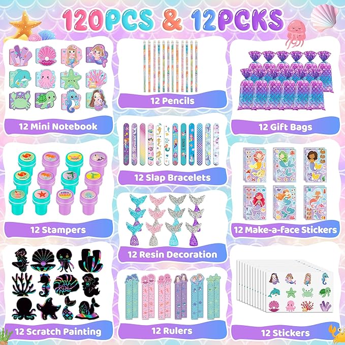 120Pcs Mermaid Party Favors Stickers Pencils Notebooks Stampers
