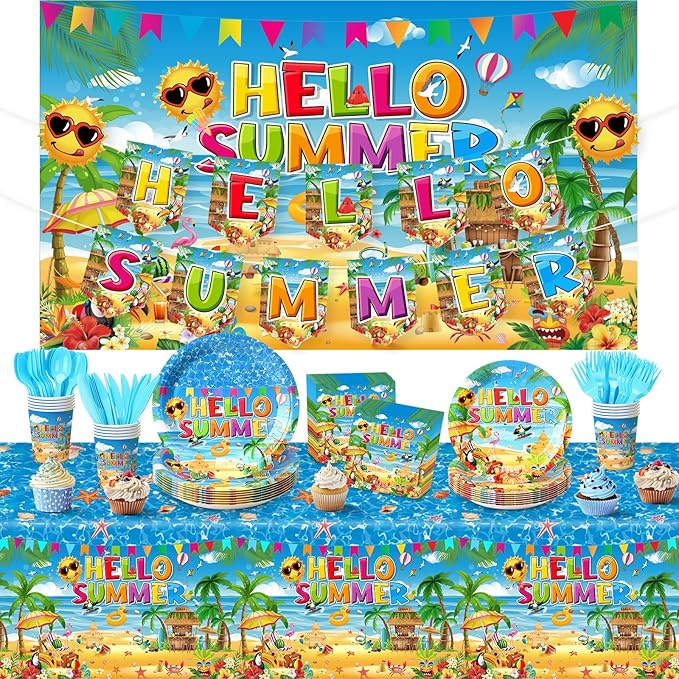 172 Pcs Summer Beach Party Supplies Serves 24 Pool Beach Tableware