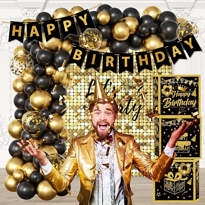 Black and Gold Birthday Party Decorations for Men Women Includes