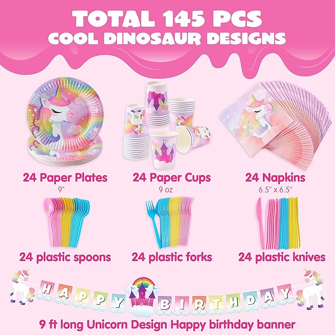 145 Pcs Unicorn Birthday Party Supplies with Unicorn Banner for