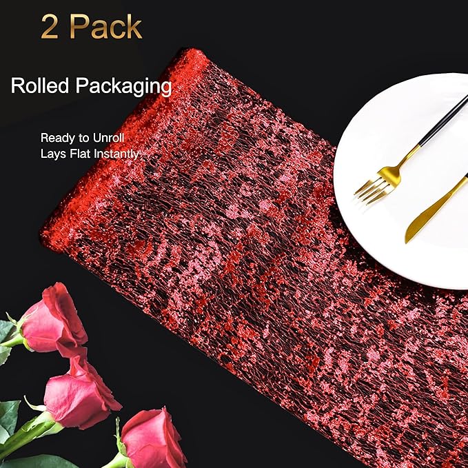 Snowkingdom 2Pcs Red Table Runner Roll Sequin Glitter Metallic Foil