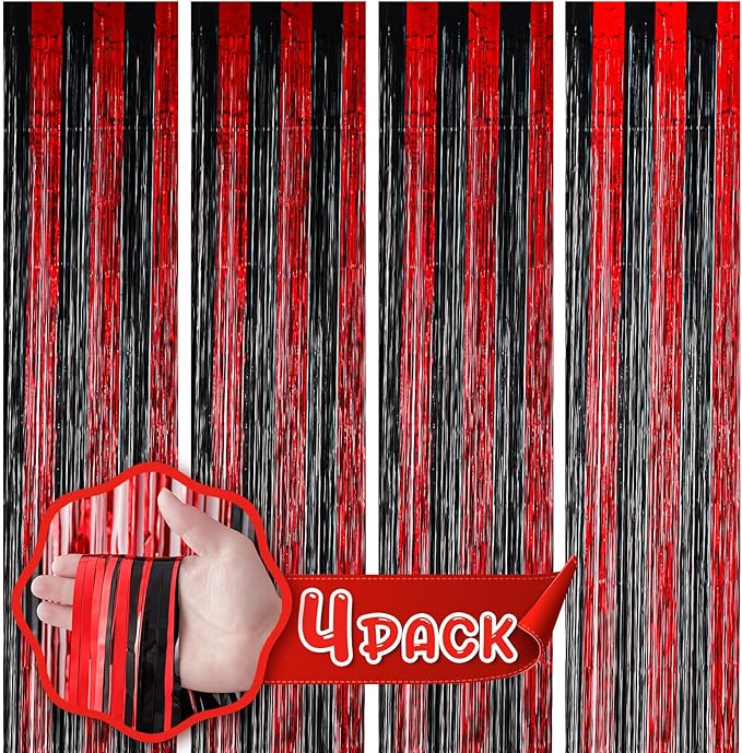 Voircoloria 4 Pack 3.3x8.2 Feet Red and Black Foil Fringe Backdrop