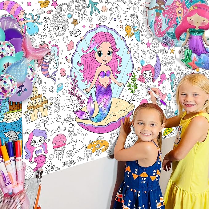 Mermaid Coloring Tablecloth for Kids 30x72 Inch Poster with Mermaids
