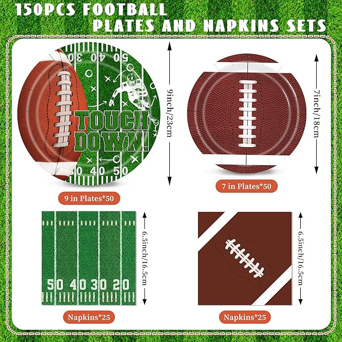 Football Plates and Napkins 150Pcs Football Party Supplies Kit