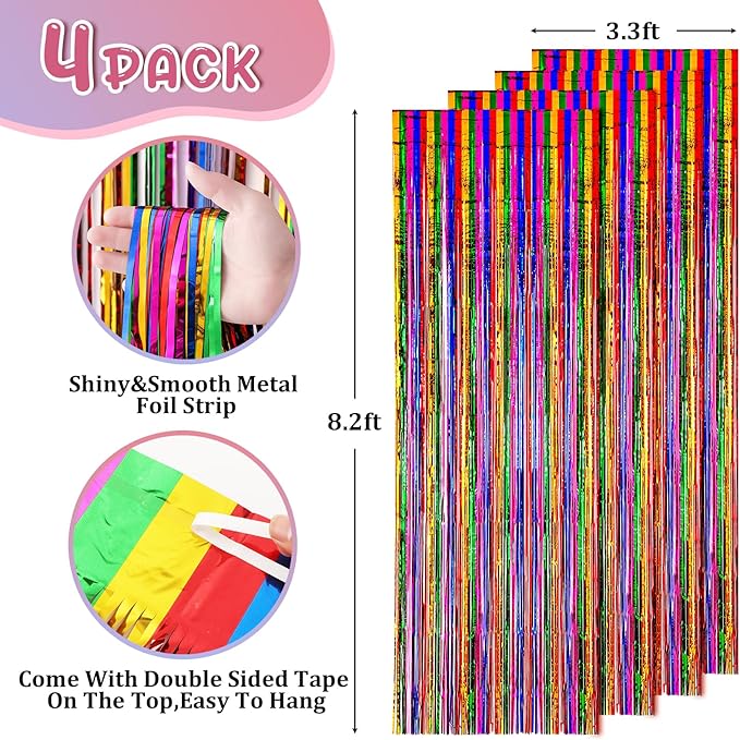 Voircoloria 4 Pack 3.3x8.2 Feet Rainbow Foil Fringe Backdrop