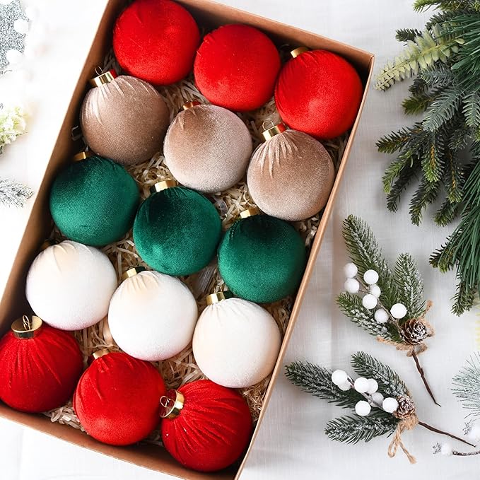 Velvet Christmas Balls Ornaments for Tree - 15pcs Shatterproof