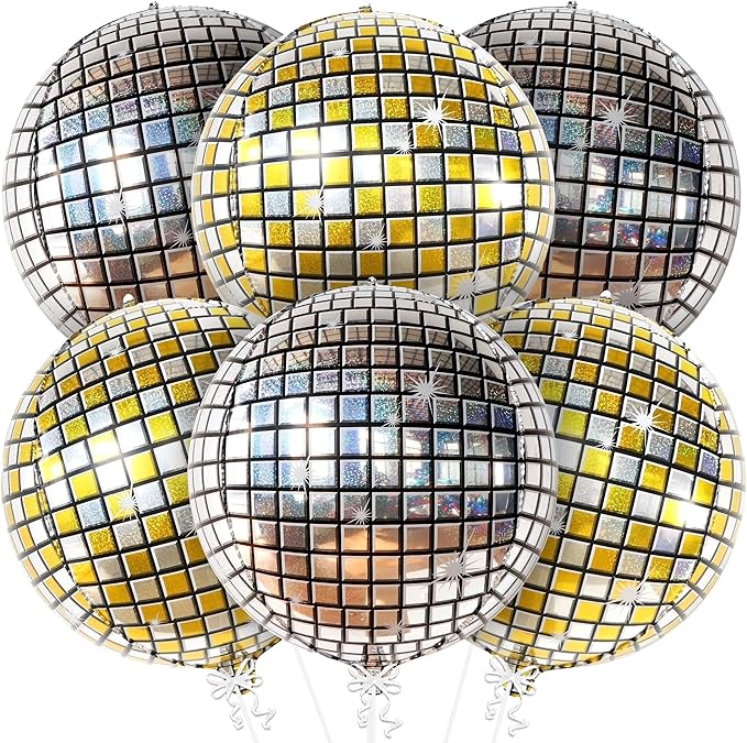 KatchOn, Silver and Gold Disco Ball Balloons -22 Inch, Pack of 6 | 4D