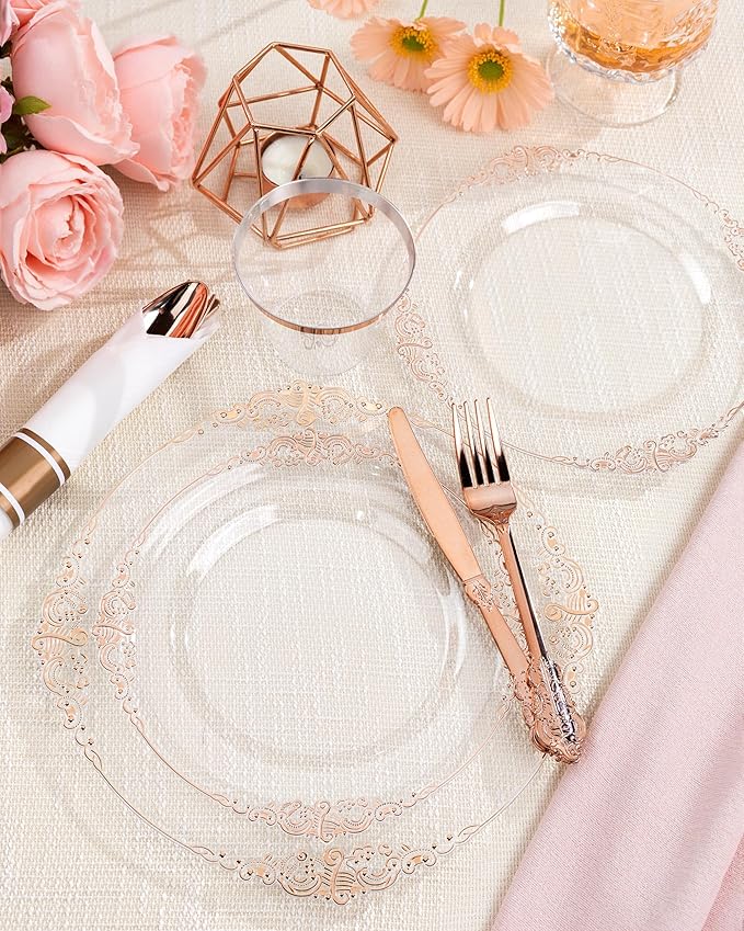 Nervure 175PCS Rose Gold Plastic Plates - Disposable Rose Gold Party